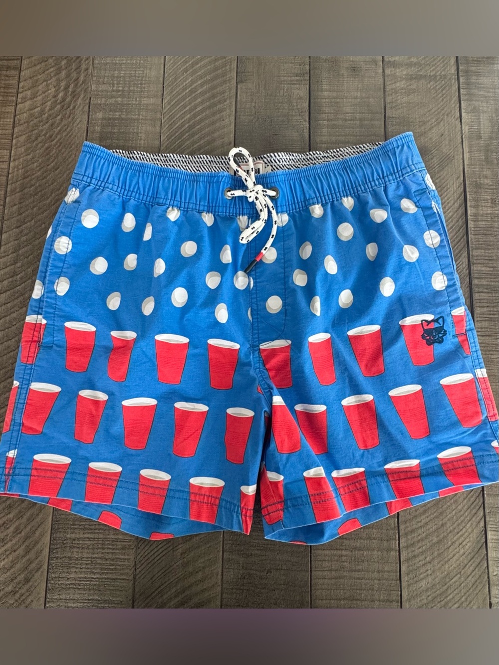 Blue Swim Trunks with Red Cup Print